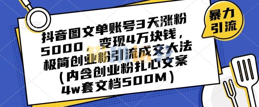 抖音图文单账号3天涨粉5000,变现4万块钱,极简创业粉引流成交大法-猫爪运营资源站